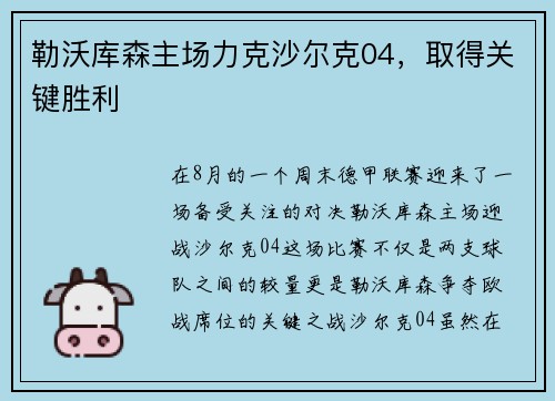 勒沃库森主场力克沙尔克04，取得关键胜利