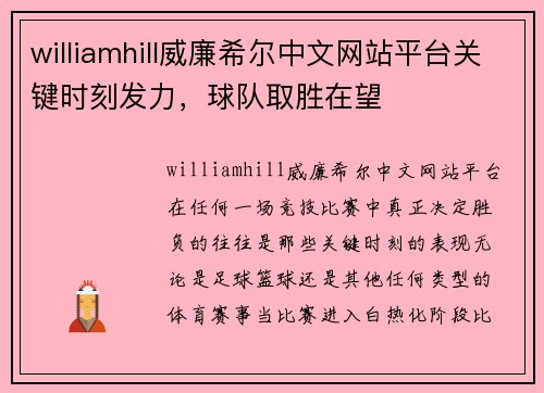 williamhill威廉希尔中文网站平台关键时刻发力，球队取胜在望