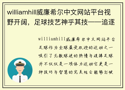 williamhill威廉希尔中文网站平台视野开阔，足球技艺神乎其技——追逐梦想的足球之旅