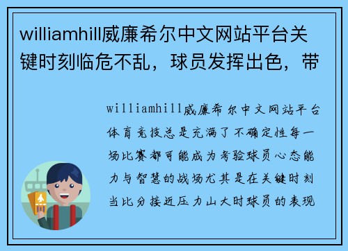 williamhill威廉希尔中文网站平台关键时刻临危不乱，球员发挥出色，带领球队取胜 - 副本